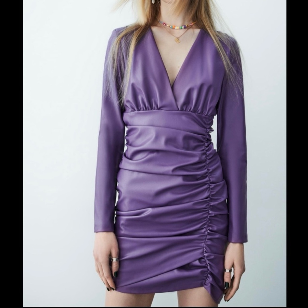 NWOT ZARA Faux Leather Long Sleeve Ruched Mini Dress—SZ. Small